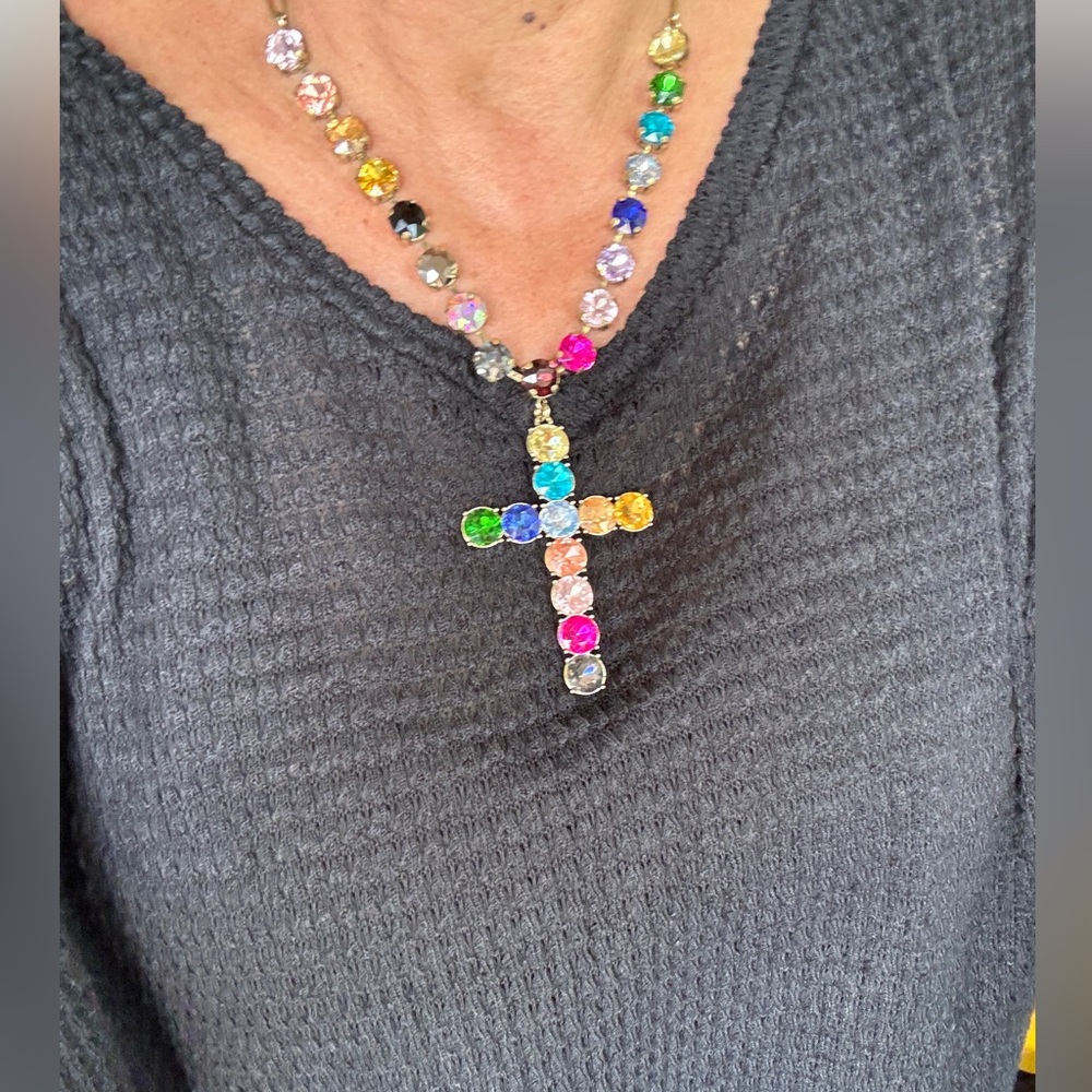 ATG Silver Tone Crystal Cross Necklace Multicolor Statement Pendant NWOT